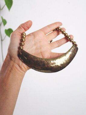Vintage Hammered Brass Crescent Bib Statement Necklace Handcrafted Boho Rustic